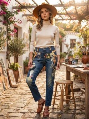 Simon Chang Limited Edition Art to Wear Jeans Sz 8 Graphic Floral Portrait Denim